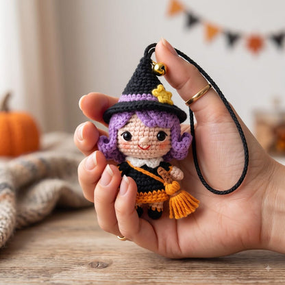 Crochet Halloween Witch Car Charm | Kawaii Amigurumi Doll Rear View Mirror Accessory | Witch Hat Broom Jingle Bell Pendant