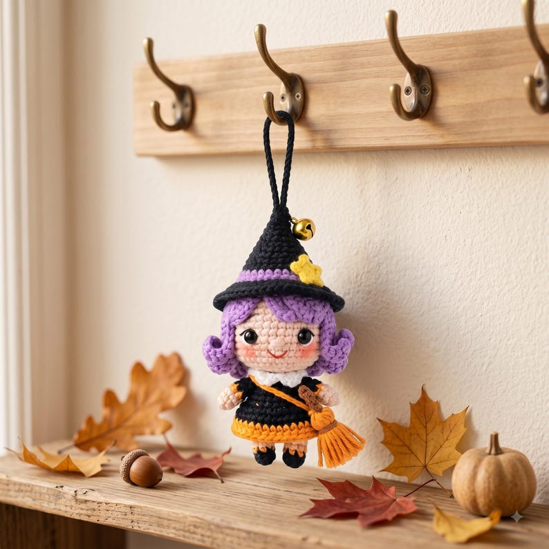 Crochet Halloween Witch Car Charm | Kawaii Amigurumi Doll Rear View Mirror Accessory | Witch Hat Broom Jingle Bell Pendant