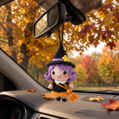 Crochet Halloween Witch Car Charm | Kawaii Amigurumi Doll Rear View Mirror Accessory | Witch Hat Broom Jingle Bell Pendant