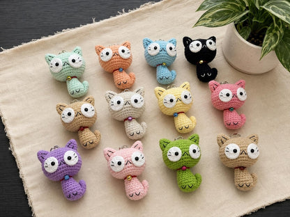 Custom Color Crochet Cat Keychain, Handmade Amigurumi Kitty with Bell, Kawaii Bag Charm, Cute Cat Lover Gift
