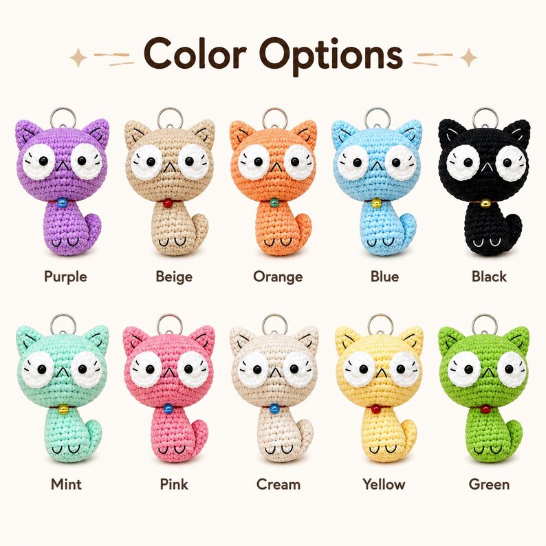 Custom Color Crochet Cat Keychain, Handmade Amigurumi Kitty with Bell, Kawaii Bag Charm, Cute Cat Lover Gift