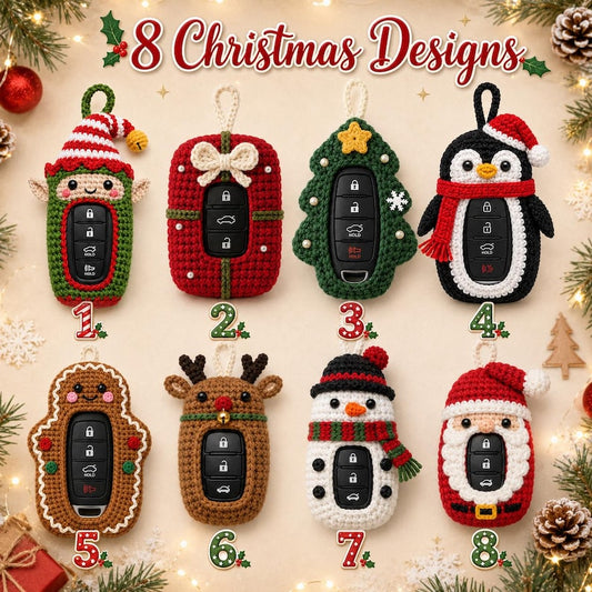 Christmas Car Key Cover, Crochet Key Fob Case, Santa Reindeer Snowman Ornament, Cute Holiday Car Accessory, Christmas Gift for Driver