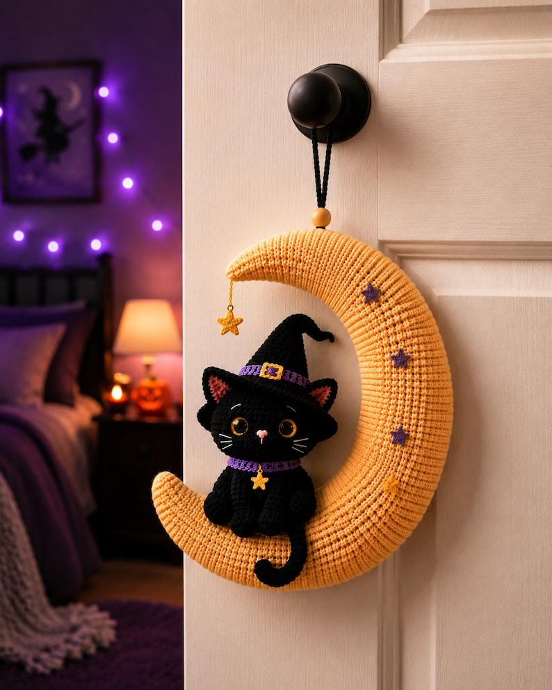 Crochet Black Cat Halloween Decor, Witch Cat on Crescent Moon, Halloween Desk Decor, Door Hanger, Spooky Cat Gift, Handmade Fall Decor