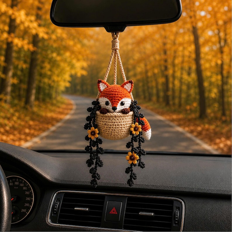 Crochet Halloween Fox Car Hanging, Spooky Witch Fox Rearview Mirror Charm, Pumpkin Basket Car Decor, Cute Halloween Gift, Fall Fox Ornament