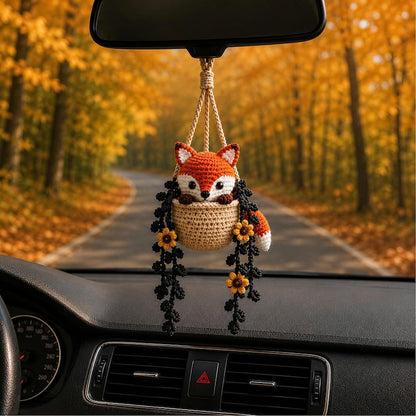 Crochet Halloween Fox Car Hanging, Spooky Witch Fox Rearview Mirror Charm, Pumpkin Basket Car Decor, Cute Halloween Gift, Fall Fox Ornament