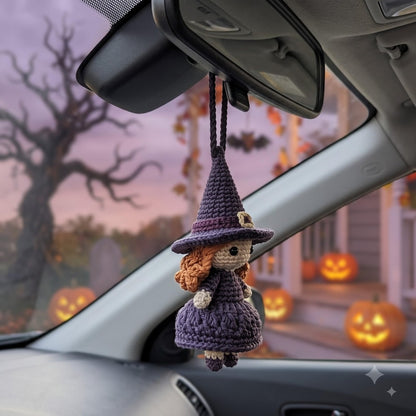 Crochet Witch Car Charm | Handmade Halloween Rearview Mirror Ornament | Kawaii Amigurumi Witch Doll Car Accessory