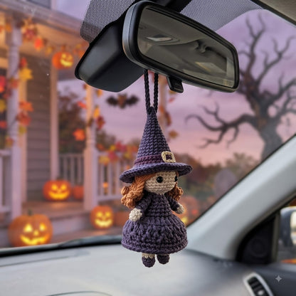 Crochet Witch Car Charm | Handmade Halloween Rearview Mirror Ornament | Kawaii Amigurumi Witch Doll Car Accessory