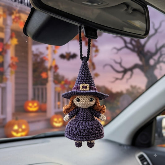 Crochet Witch Car Charm | Handmade Halloween Rearview Mirror Ornament | Kawaii Amigurumi Witch Doll Car Accessory