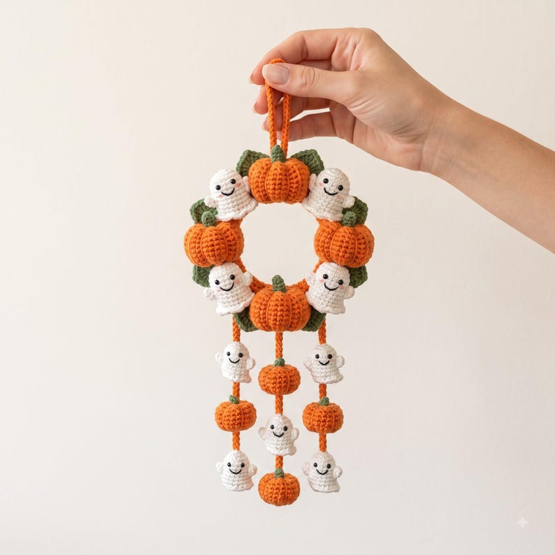 Halloween Car Mirror Charm | Crochet Pumpkin Ghost Wreath Hanging Ornament | Handmade Amigurumi Car Accessory