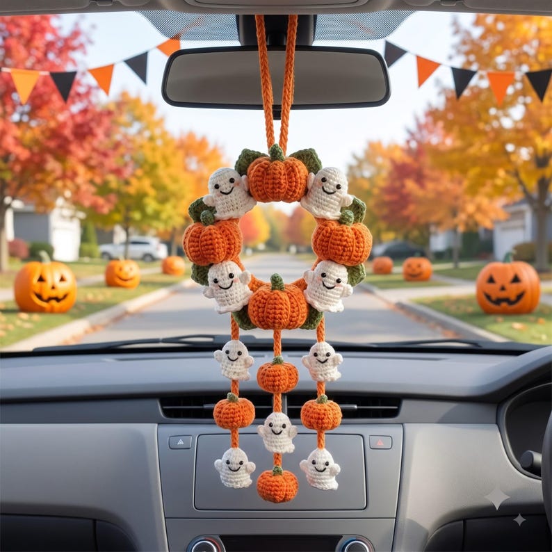 Halloween Car Mirror Charm | Crochet Pumpkin Ghost Wreath Hanging Ornament | Handmade Amigurumi Car Accessory