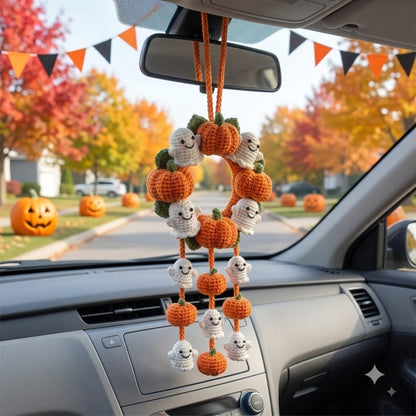 Halloween Car Mirror Charm | Crochet Pumpkin Ghost Wreath Hanging Ornament | Handmade Amigurumi Car Accessory
