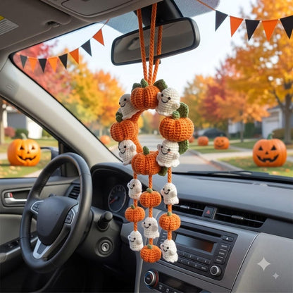 Halloween Car Mirror Charm | Crochet Pumpkin Ghost Wreath Hanging Ornament | Handmade Amigurumi Car Accessory
