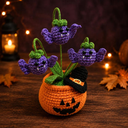 Halloween Crochet Pumpkin Pot | Witchy Home Decor | Purple Monster Flower Arrangement | Handmade Halloween Gift