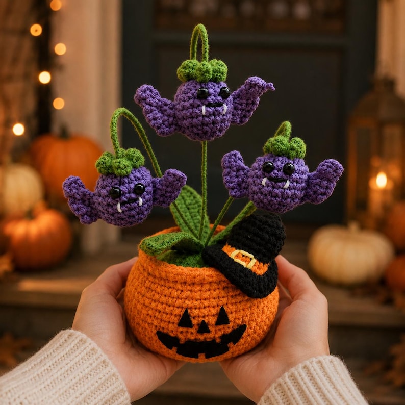 Halloween Crochet Pumpkin Pot | Witchy Home Decor | Purple Monster Flower Arrangement | Handmade Halloween Gift