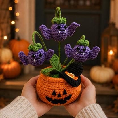 Halloween Crochet Pumpkin Pot | Witchy Home Decor | Purple Monster Flower Arrangement | Handmade Halloween Gift