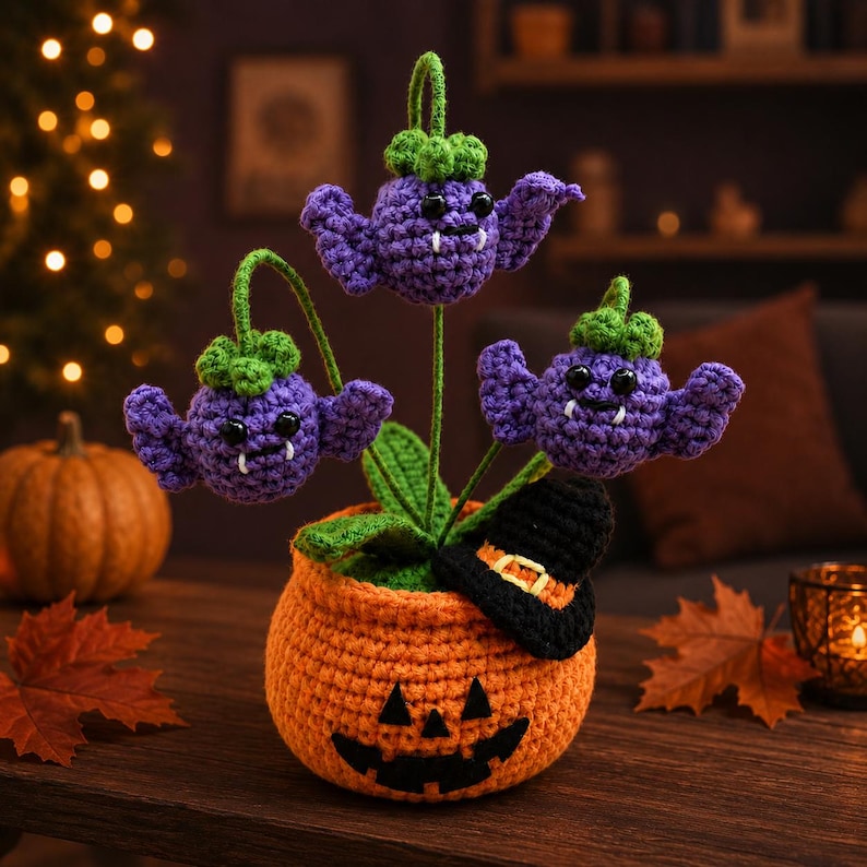 Halloween Crochet Pumpkin Pot | Witchy Home Decor | Purple Monster Flower Arrangement | Handmade Halloween Gift