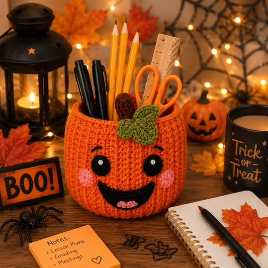 Crochet Pumpkin Pencil Holder, Halloween Desk Organizer, Cute Pumpkin Pen Cup, Fall Desk Decor, Teacher Gift, Handmade Crochet