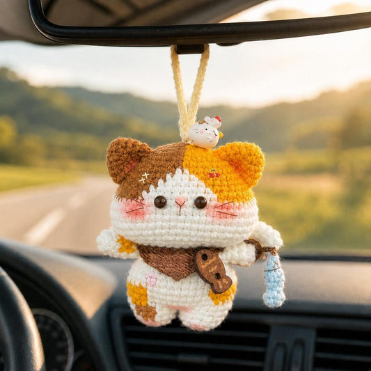 Calico Cat Keychain, Handmade Crochet Amigurumi, Cute Backpack and Car Key Charm