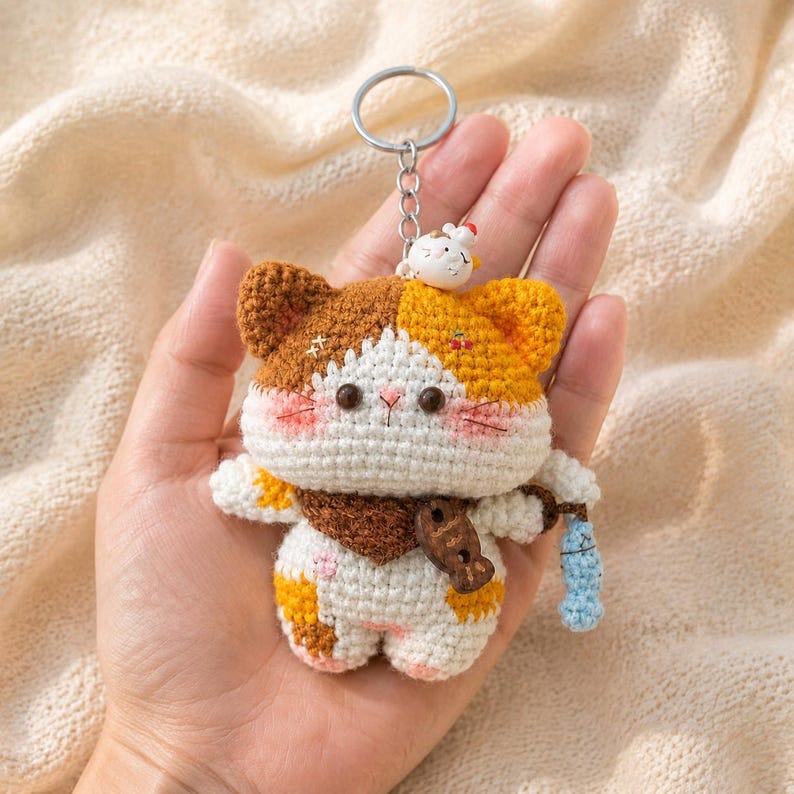 Calico Cat Keychain, Handmade Crochet Amigurumi, Cute Backpack and Car Key Charm
