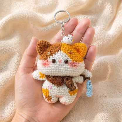 Calico Cat Keychain, Handmade Crochet Amigurumi, Cute Backpack and Car Key Charm