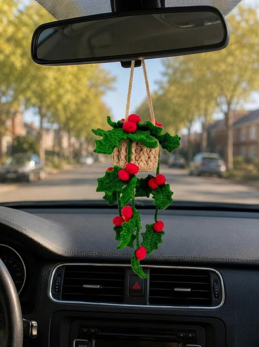 Crochet Holly Berry Car Mirror Charm, Handmade Christmas Hanging Plant, Cute Trailing Vine Car Accessory, Holiday Gift for Her, Christmas