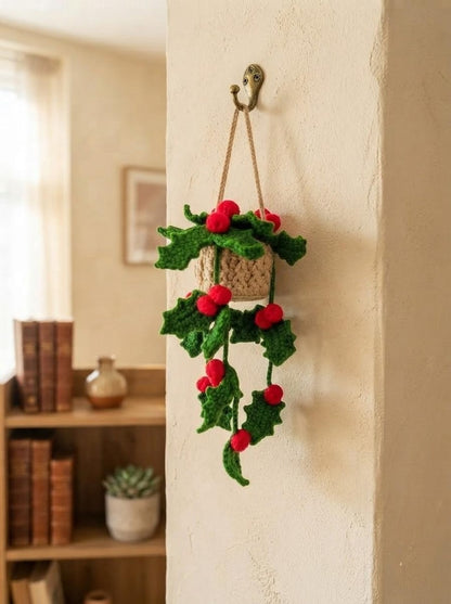 Crochet Holly Berry Car Mirror Charm, Handmade Christmas Hanging Plant, Cute Trailing Vine Car Accessory, Holiday Gift for Her, Christmas