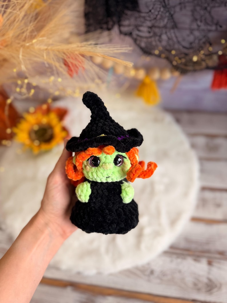 Halloween Crochet Decor, Spooky Amigurumi Witch, Black Cat, Voodoo Doll