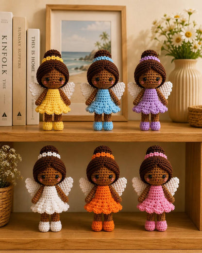 Handmade Crochet Brown Skin Angel Doll, Amigurumi Fairy Doll, Guardian Angel Gift, Nursery Decor, Baby Shower Gift, Angel Keepsake