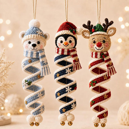 Crochet Christmas Spiral Ornament, Polar Bear Penguin Reindeer Hanging Decor, Handmade Holiday Door Window Ornament, Christmas Gift
