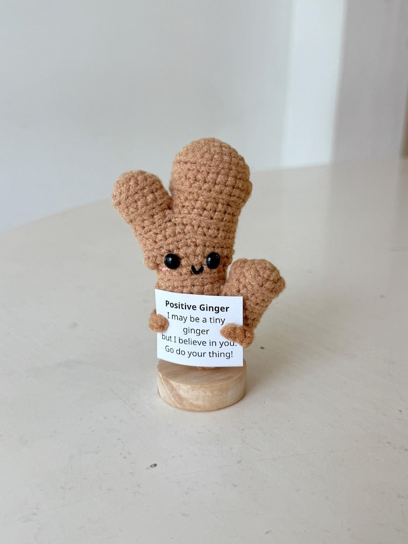Funny Positive Ginger, Knitted Ginger Toy With Positive Card, Cute Wool Inspirational Ginger Crochet Vegetable Doll Cheer Up Gifts