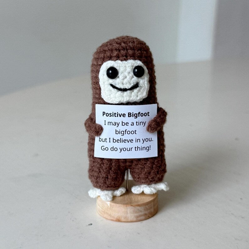 Crochet Bigfoot Plush, Positive Bigfoot Amigurumi, Handmade Sasquatch Decor, Encouragement Gift, Motivational Office Decor