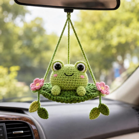 Crochet Frog Car Charm, Cute Rearview Mirror Hanging Accessory, Amigurumi Frog on Lily Pad, Cottagecore Car Decor, New Driver Gift