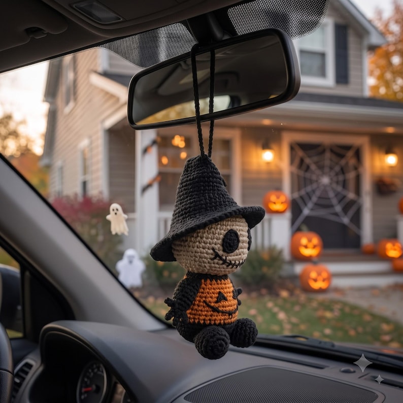 Crochet Halloween Car Charm | Jack Skellington Pumpkin Amigurumi Ornament | Spooky Cute Rear View Mirror Hanger