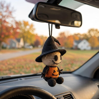 Crochet Halloween Car Charm | Jack Skellington Pumpkin Amigurumi Ornament | Spooky Cute Rear View Mirror Hanger