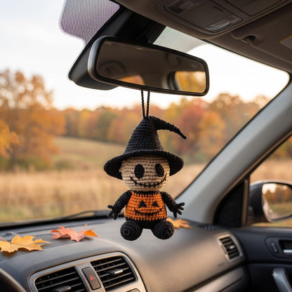 Crochet Halloween Car Charm | Jack Skellington Pumpkin Amigurumi Ornament | Spooky Cute Rear View Mirror Hanger