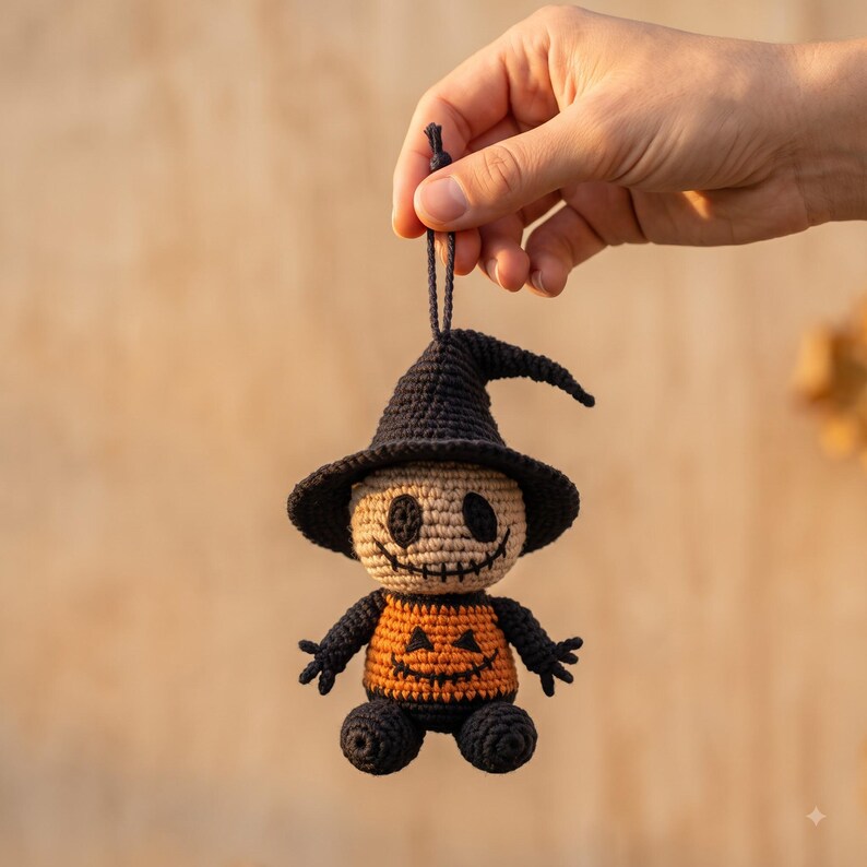 Crochet Halloween Car Charm | Jack Skellington Pumpkin Amigurumi Ornament | Spooky Cute Rear View Mirror Hanger