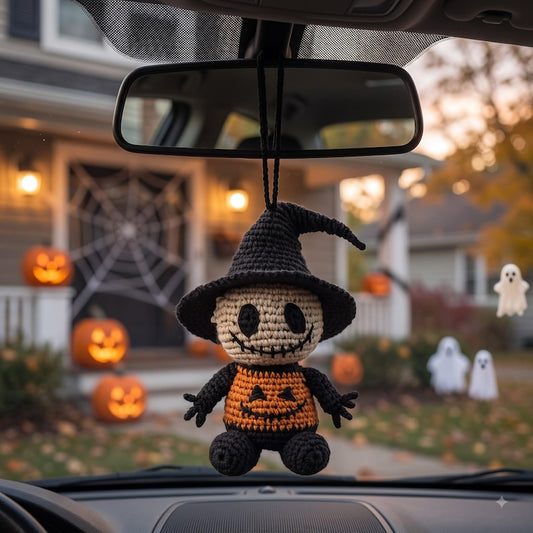 Crochet Halloween Car Charm | Jack Skellington Pumpkin Amigurumi Ornament | Spooky Cute Rear View Mirror Hanger
