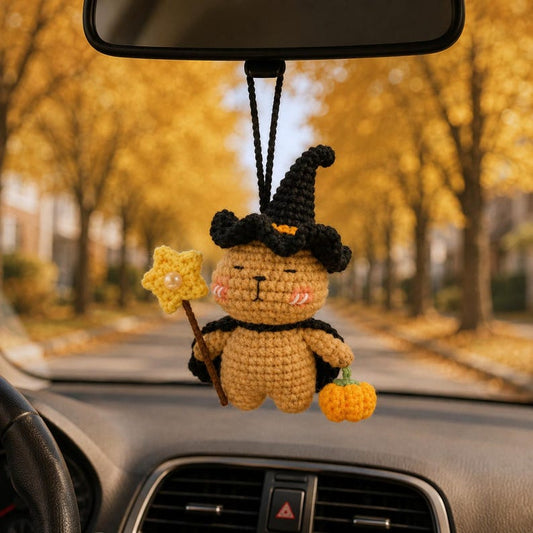 Crochet Capybara Witch Car Hanging Ornament, Halloween Rearview Mirror Charm, Handmade Fall Decor, Spooky Amigurumi Gift, Cute Friends Gift