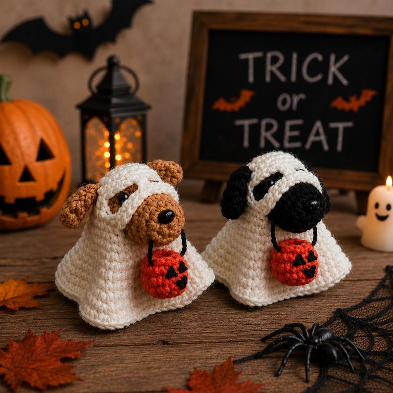 Crochet Ghost Dog Halloween Decor, Amigurumi Puppy Costume with Pumpkin Bucket, Cute Pet Lover Gift, Friend Gift, Funny Kid gift