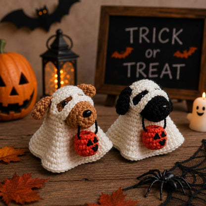 Crochet Ghost Dog Halloween Decor, Amigurumi Puppy Costume with Pumpkin Bucket, Cute Pet Lover Gift, Friend Gift, Funny Kid gift