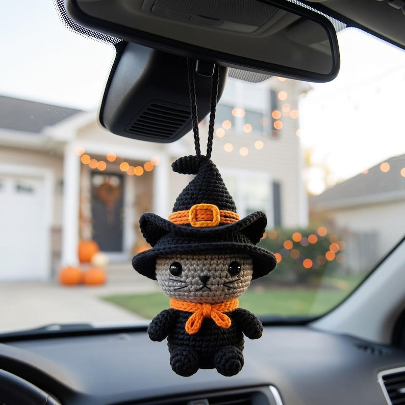 Halloween Witch Cat Car Charm | Crochet Amigurumi Rearview Mirror Hanging | Kawaii Black Cat Ornament Gift