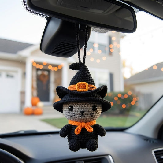 Halloween Witch Cat Car Charm | Crochet Amigurumi Rearview Mirror Hanging | Kawaii Black Cat Ornament Gift