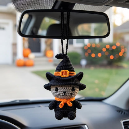 Halloween Witch Cat Car Charm | Crochet Amigurumi Rearview Mirror Hanging | Kawaii Black Cat Ornament Gift
