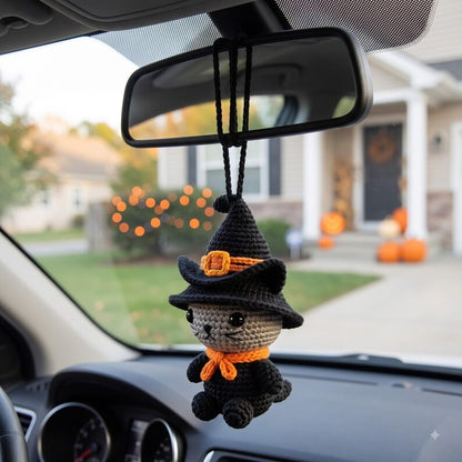 Halloween Witch Cat Car Charm | Crochet Amigurumi Rearview Mirror Hanging | Kawaii Black Cat Ornament Gift
