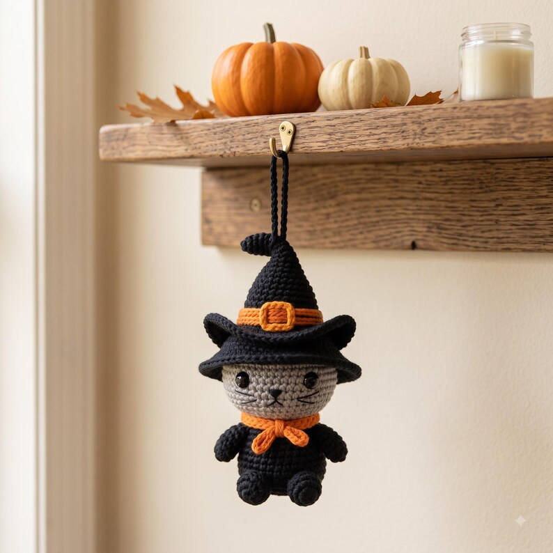 Halloween Witch Cat Car Charm | Crochet Amigurumi Rearview Mirror Hanging | Kawaii Black Cat Ornament Gift