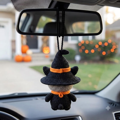 Halloween Witch Cat Car Charm | Crochet Amigurumi Rearview Mirror Hanging | Kawaii Black Cat Ornament Gift