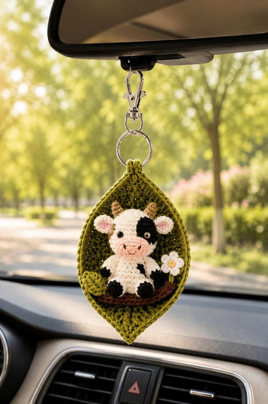Crochet Animal Leaf Keychain, Owl Cow Tiger Bear Bag Charm, Handmade Car Charm, Cute Woodland Gift, Animal Lover Gift