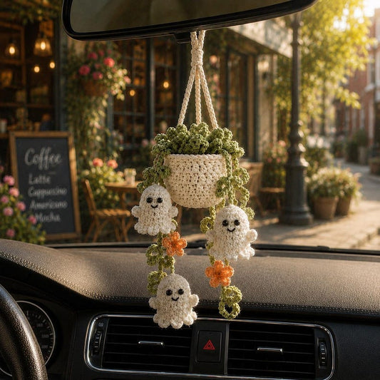 Halloween Crochet Ghost Car Hanging Plant, Cute Car Charm, Handmade Spooky Basket Decor, Halloween Car Accessory Gift