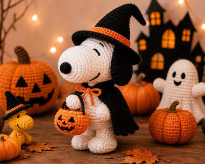 Crochet Halloween Dog Plush, Handmade Halloween Amigurumi, Cute Witch Puppy Doll, Pumpkin Trick or Treat Decor