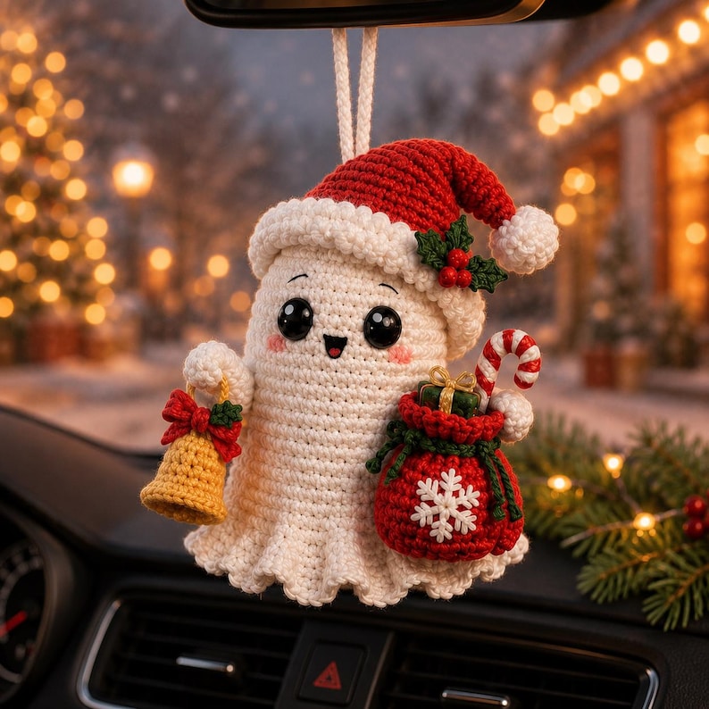 Crochet Ghost Car Charm, Handmade Christmas Mirror Accessory, Cute Holiday Car Decor, Amigurumi Ghost Hanging, Christmas Gift